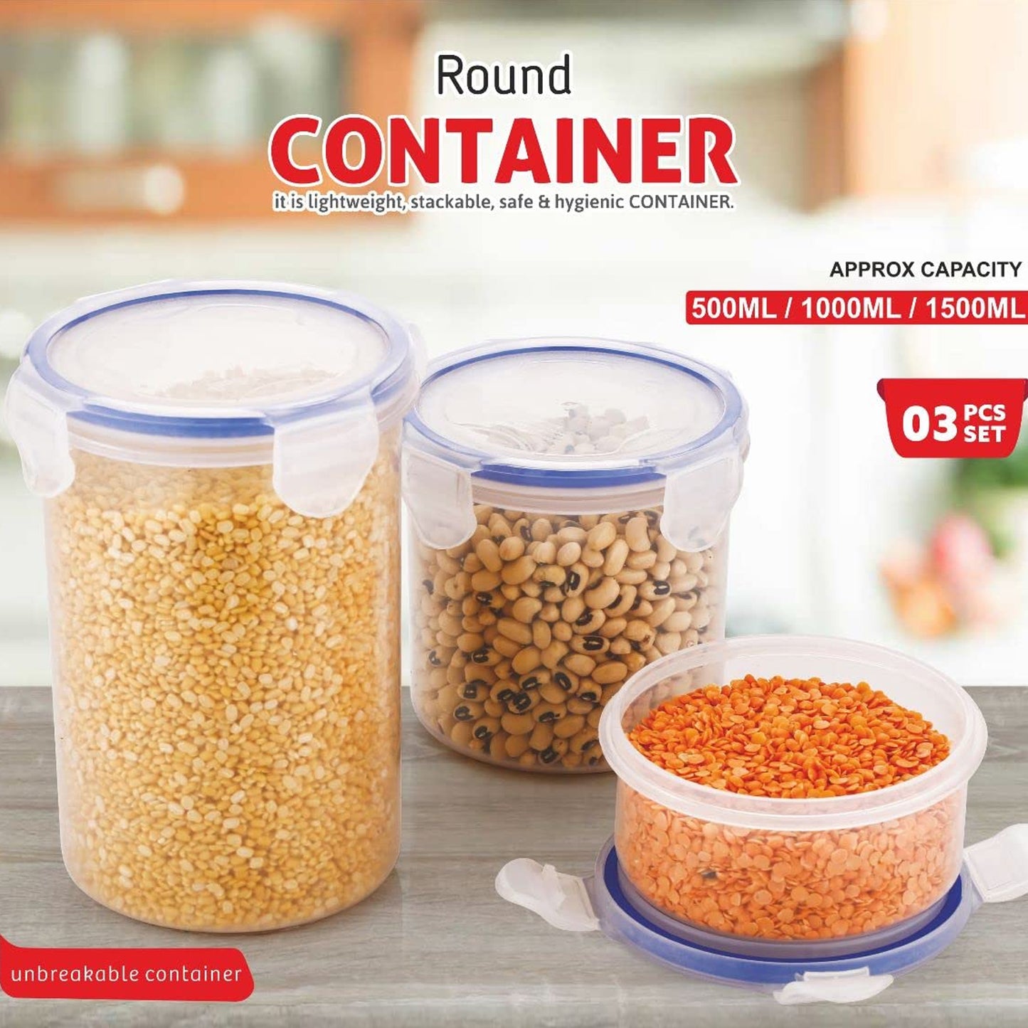 Round Plastic Airtight Food Storage Containers With Leak Proof Locking Lid Storage Container Set Of 3( Approx Capacity 500ml1000ml1500ml Transparent) - 3 Pc Set