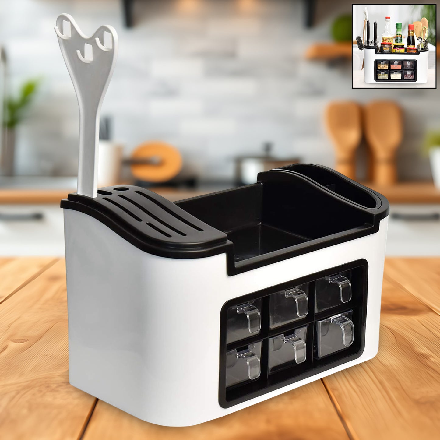 Multifunctional Kitchen Storage Organizer Rack With 6 Spice Containers Knife, Spoon, Holder And Top Shelf