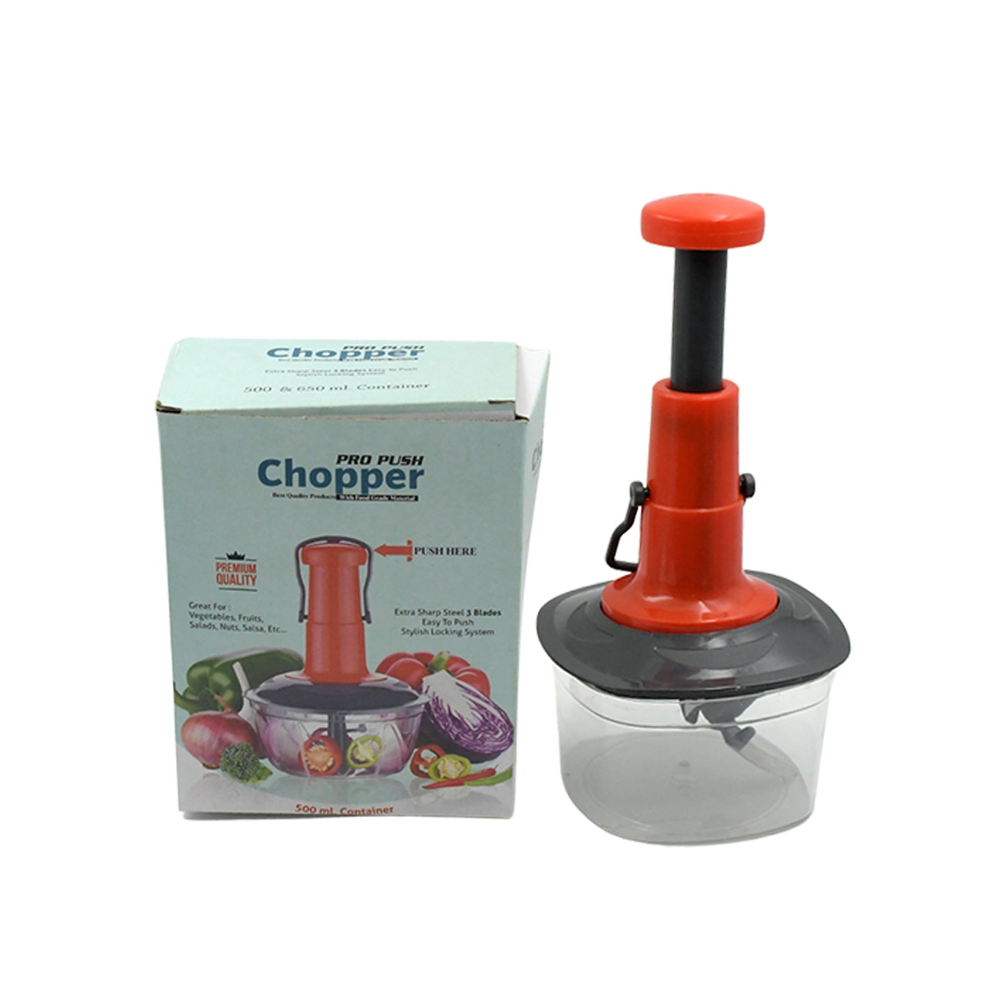 Manual Press Fruit  Vegetable Chopper With 3 Stainless Steel Blades Anti-slip Base And Locking System Cutting Chopper For Kitchen (650 Ml)
