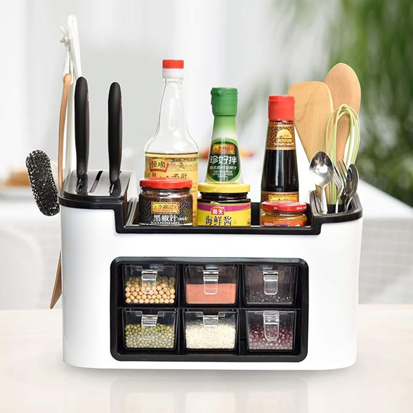 Multifunctional Kitchen Storage Organizer Rack With 6 Spice Containers Knife, Spoon, Holder And Top Shelf