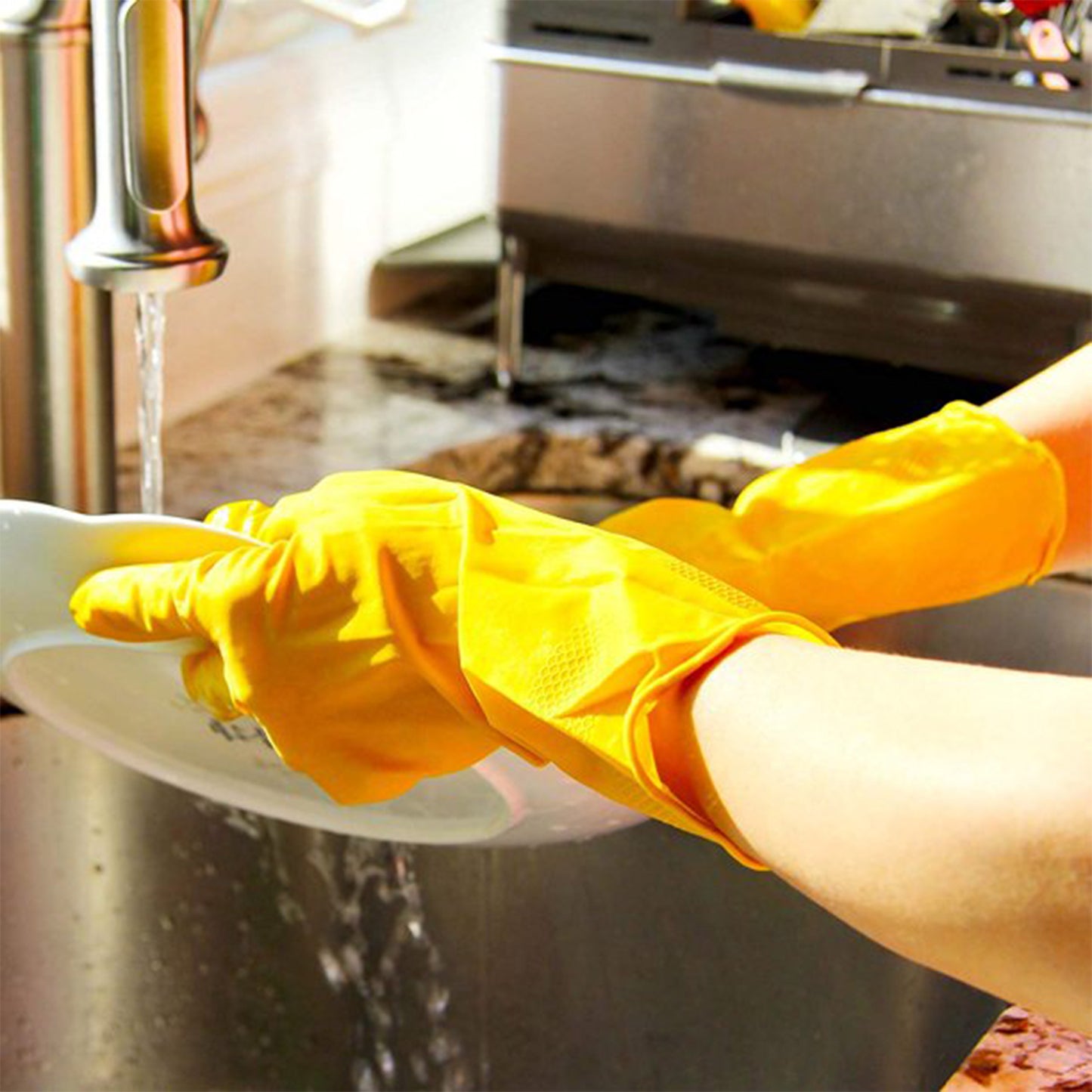 2 Pair Med Yellow Gloves For Types Of Purposes Like Washing Utensils Gardening And Cleaning Toilet Etc.